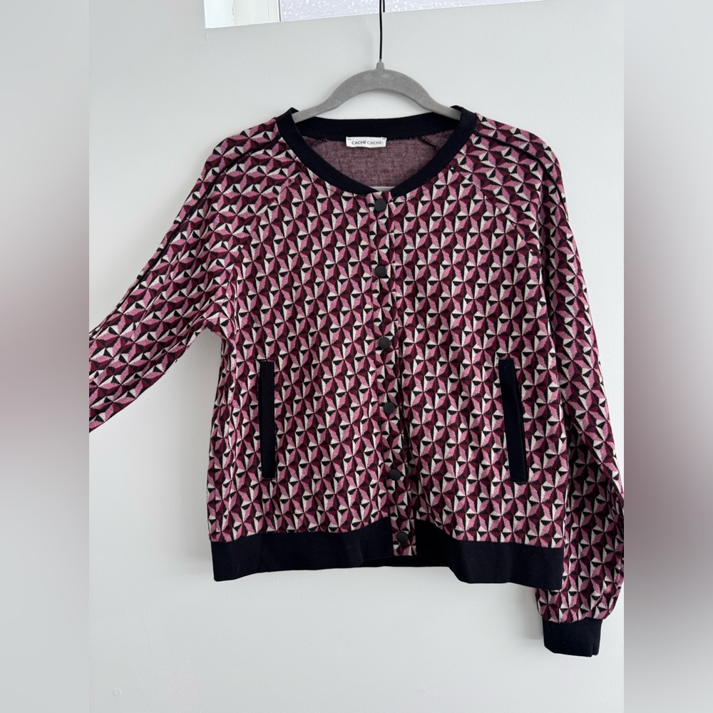 Geometric Print Pink Cardigan Sweater